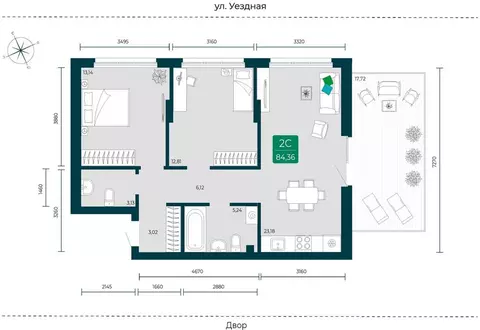 2-комнатная квартира: Тюмень, улица Василия Подшибякина, 7 (84.36 м)