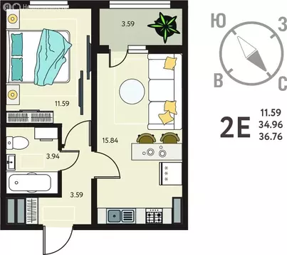 1-комнатная квартира: Курск, улица Энгельса, 115/6 (36.76 м)
