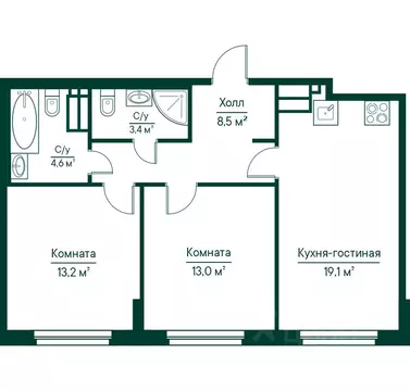 3-к кв. Самарская область, Самара Грин Ривер жилой комплекс (61.86 м)
