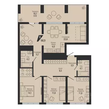 3-к кв. Свердловская область, Екатеринбург Вторчермет жилрайон,  (98.9 ...