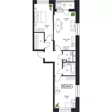 2-к кв. Московская область, Пушкино Пушкино Град жилой комплекс (64.5 ...