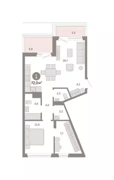 1-комнатная квартира: Екатеринбург, Мраморская улица, 15 (74.09 м)