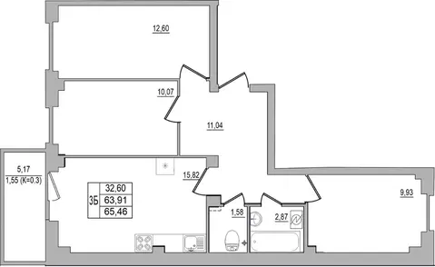 3-к кв. Псковская область, Псков ул. Юности, 32 (65.46 м)