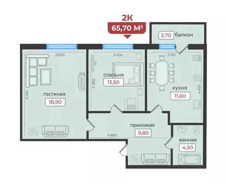 2-к кв. Ставропольский край, Ставрополь ул. Рогожникова, 21 (65.7 м)