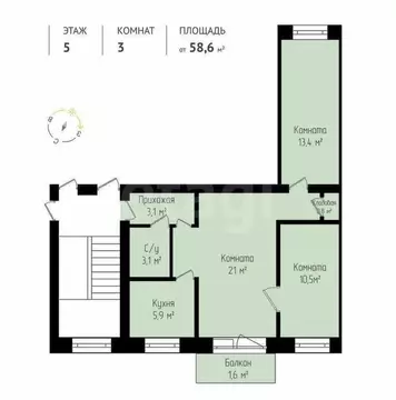 3-комнатная квартира: Новосибирск, улица Объединения, 54 (58.6 м)