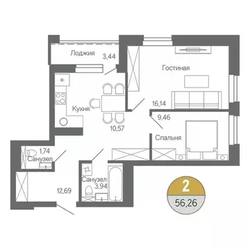 2-к кв. Башкортостан, Стерлитамак ул. Ботаническая, 10 (56.26 м)
