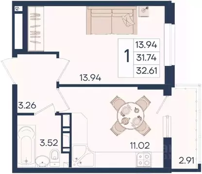 1-к кв. Краснодарский край, Краснодар  (32.61 м)