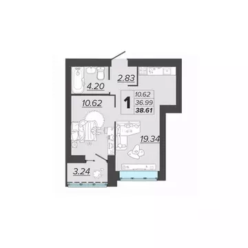 1-к кв. Брянская область, Брянск Архитектор жилой комплекс (38.61 м)