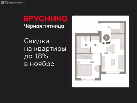 1-комнатная квартира: Новоселье, ЖК Брусника (40.04 м)