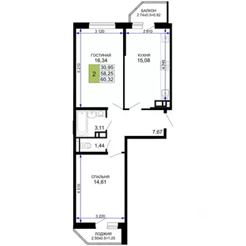 2-к кв. Адыгея, Майкоп  (60.32 м)