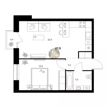 1-комнатная квартира: Санкт-Петербург, Галерный проезд, 1к2 (47.9 м)