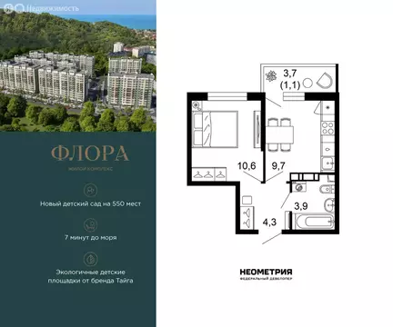 1-комнатная квартира: Сочи, улица Искры, 66/9к8 (29.4 м)