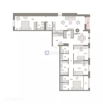 4-к кв. Тюменская область, Тюмень ул. Республики, 205к1 (138.11 м)