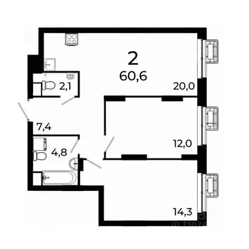 2-к кв. Нижегородская область, Нижний Новгород ул. Коперника, 15 (60.6 ...