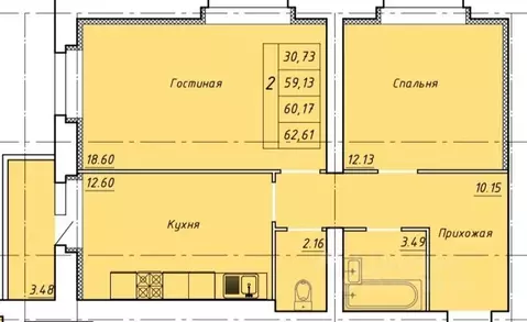 2-к кв. Тамбовская область, Тамбов ул. Гастелло, 109Б (62.61 м)