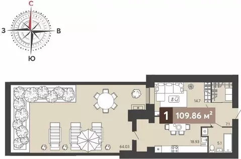 1-комнатная квартира: Пенза, улица Щербакова, 69 (109.86 м)