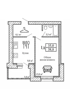 1-к кв. Тамбовская область, Тамбовский муниципальный округ, д. Крутые ...