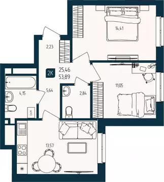 2-к кв. Тюменская область, Тюмень  (53.89 м)