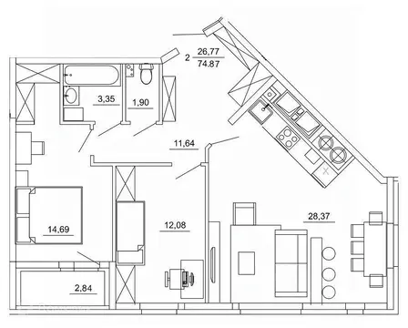 2-к кв. Рязанская область, Рязань ул. Земнухова (74.87 м)