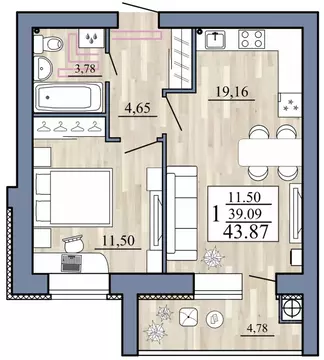 1-к кв. Рязанская область, Рыбное  (43.87 м)