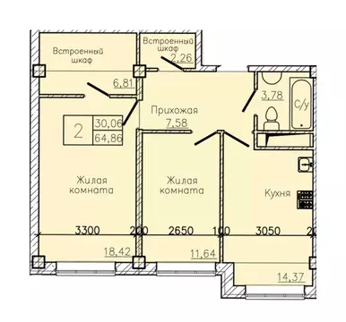 2-к кв. Ставропольский край, Пятигорск  (64.86 м)