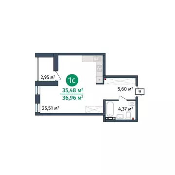 Квартира-студия: Дударева, улица Сергея Джанбровского, 27к3 (35.48 м)