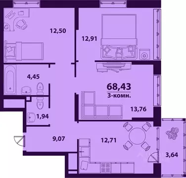 3-к кв. Ульяновская область, Ульяновск ул. Врача Михайлова (68.43 м)