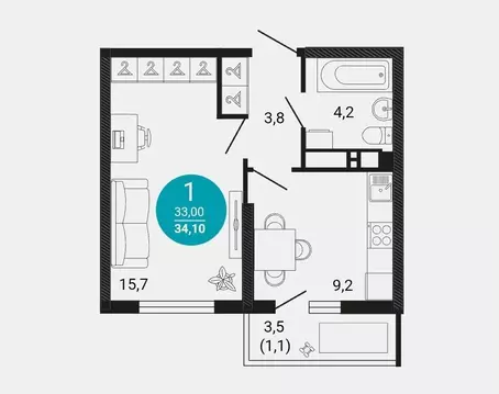 1-к кв. Краснодарский край, Новороссийск ул. Куникова, 47Д (34.0 м)