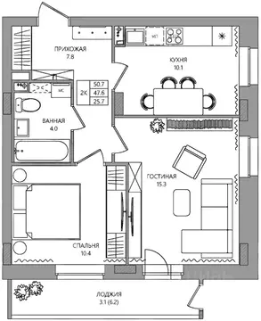 2-к кв. Пермский край, Пермь Самолетная ул., 6 (50.7 м)
