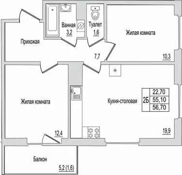 2-к кв. Псковская область, Псков ул. Юности, 10к1 (56.7 м)