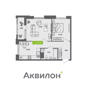 2-к кв. Архангельская область, Архангельск Комсомольская ул. (50.59 м)