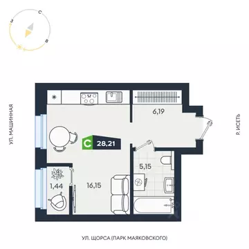 Студия Свердловская область, Екатеринбург ул. Машинная, 1В/4 (28.21 м)