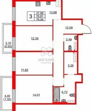 3-к кв. Санкт-Петербург наб. Реки Каменки, 13к3 (79.0 м)