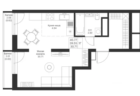 1-к кв. Татарстан, Казань Мой Ритм жилой комплекс (40.77 м)