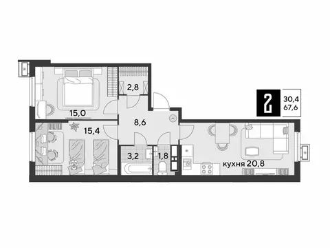 2-комнатная квартира: Краснодар, улица имени Героя Дангириева (67.6 м)