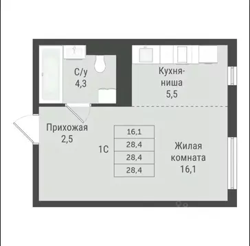 Студия Московская область, Мытищи Отрадный жилой комплекс, к5 (28.4 м)