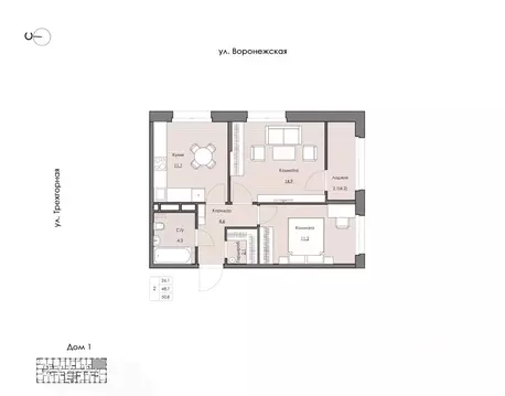2-к кв. Хабаровский край, Хабаровск Воронежская ул., 163 (50.8 м)