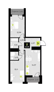 2-комнатная квартира: Тюмень, улица Андрея Приказнова, 1 (59.9 м)