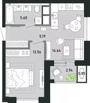 1-к кв. Тульская область, Тула Премьер Парк жилой комплекс (42.78 м)