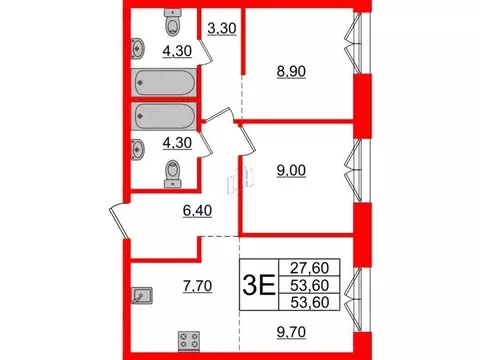 Квартира, 2 комнаты, 53.1 м