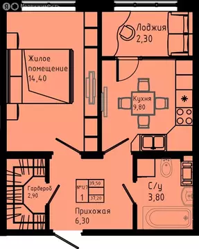 1-комнатная квартира: Коммунар, Железнодорожная улица, 41к3 (39.5 м)
