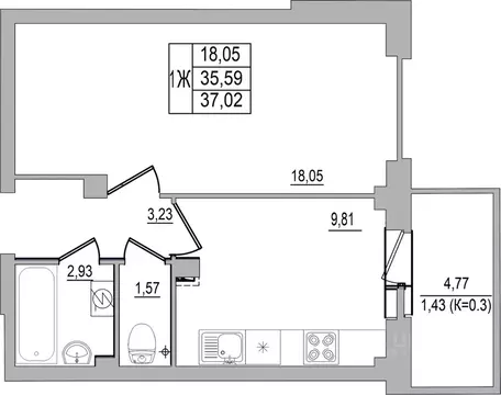 1-к кв. Псковская область, Псков ул. Юности, 32 (37.02 м)
