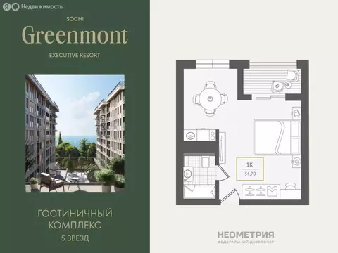 1-комнатная квартира: Сочи, улица Ленина, 280А (35.1 м)