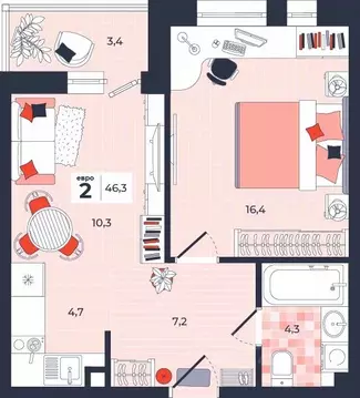 2-к кв. Тульская область, Тула ул. Академика Насоновой, 1А (46.3 м)