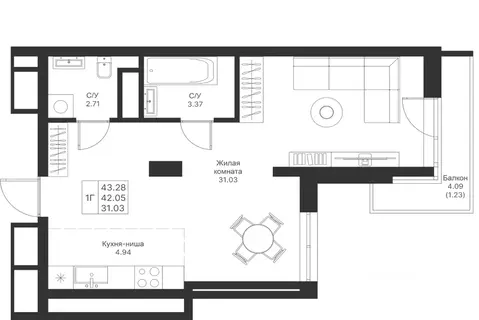 1-к кв. Татарстан, Казань Мой Ритм жилой комплекс, ПК14 (43.28 м)