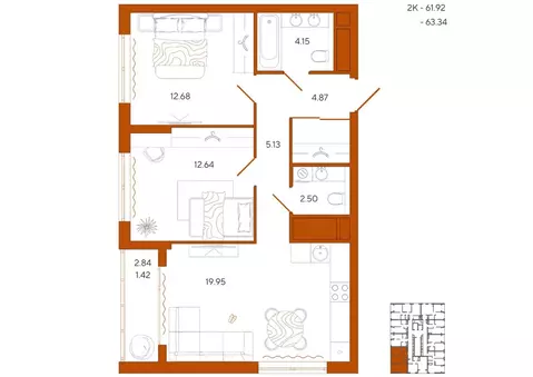 2-к кв. Пензенская область, Пенза Терра жилой комплекс (63.34 м)
