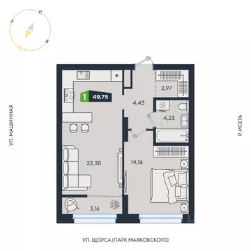 1-к кв. Свердловская область, Екатеринбург ул. Машинная, 1В/4 (49.75 ...