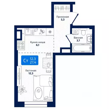 Студия Самарская область, Самара ул. 8-я Радиальная, 31 (27.4 м)