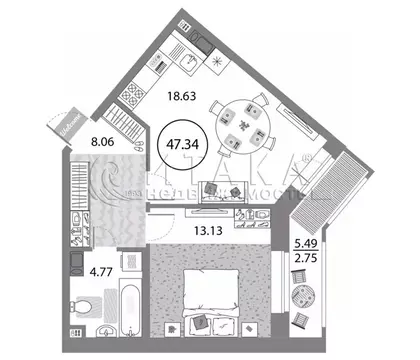1-к кв. Санкт-Петербург просп. Авиаконструкторов, 54 (47.34 м)