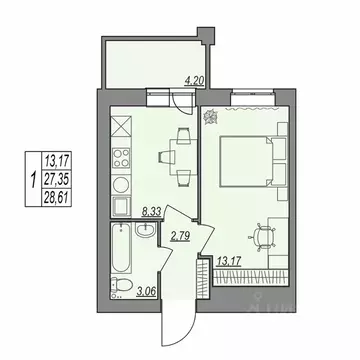 1-к кв. Волгоградская область, Волгоград Типографская ул., 83 (28.61 ...